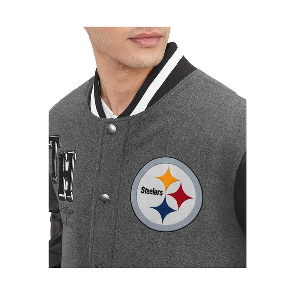 타미힐피거 Tommy Hilfiger Mens Heather Gray Black Pittsburgh Steelers Gunner Full-Zip Varsity Jacket 17511285