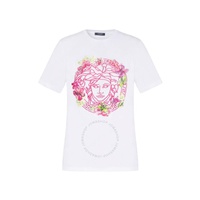 베르사체 Versace Ladies Optical White Medusa Embroidered Crewneck T-Shirt 1009082-1A06526-1W000