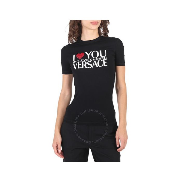 베르사체 베르사체 Versace Ladies Black Slogan Print T-Shirt 1007521-1A05378-1B000