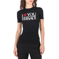 베르사체 Versace Ladies Black Slogan Print T-Shirt 1007521-1A05378-1B000