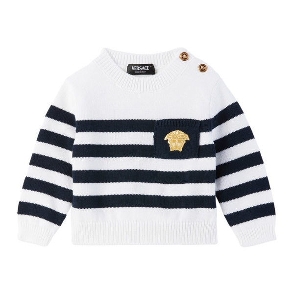 베르사체 베르사체 Versace Baby White & Navy Nautical Stripe Sweater 241404M718003