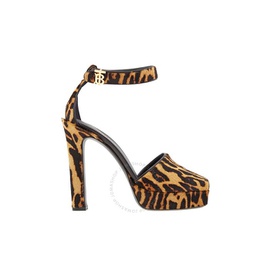 버버리 Burberry Ladies Camel Blackhall Leopard Print Calf Hair Peep-toe Sandals 8024803