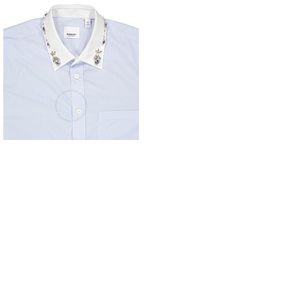 버버리 버버리 Burberry Mens Pale Blue Camberwell Classic Fit Embellished Pinstriped Cotton Shirt 8026686