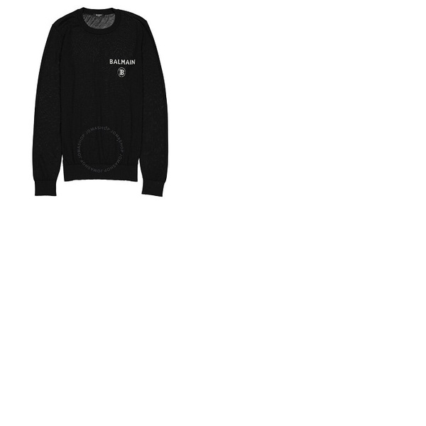 발망 발망 Balmain Mens Black Logo Crewneck Sweater TH13967K212 0PA