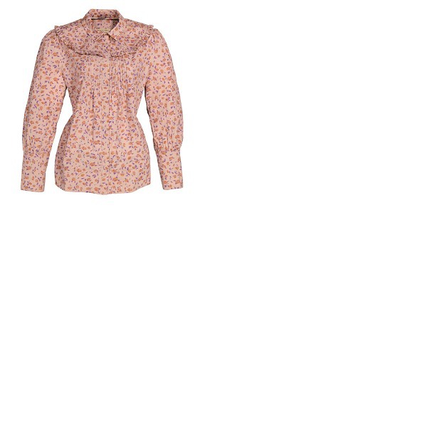 버버리 버버리 Burberry Ladies Ruffle Yoke Floral Print Cotton Shirt- Light Copper 4055986