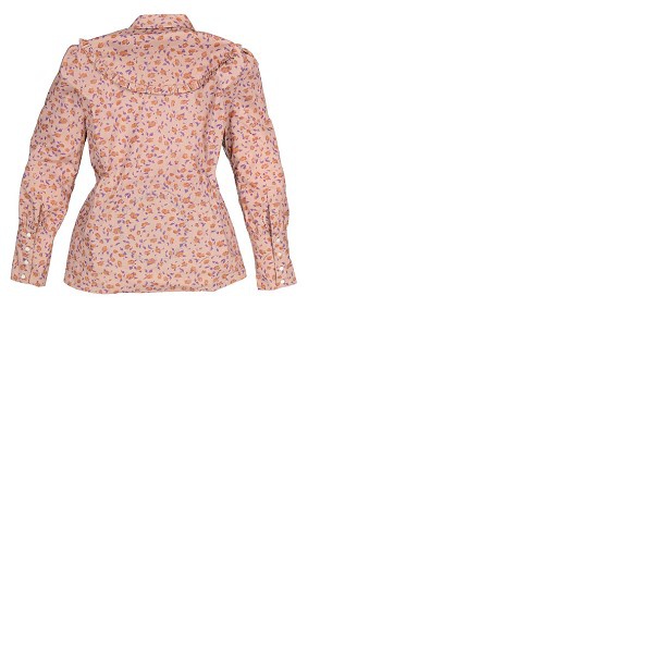 버버리 버버리 Burberry Ladies Ruffle Yoke Floral Print Cotton Shirt- Light Copper 4055986