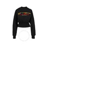 발망 Balmain Ladies Black/Multicolor Logo Pixel Embroidered Cropped Sweatshirt XF1JO031BB25-EAH