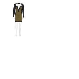 발망 Balmain Ladies Khaki/Black Long-Sleeve Mesh Panel Two-Tone Midi Bandage Dress 153625 K163-C5925