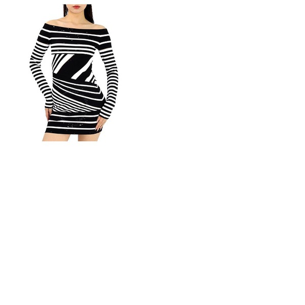 발망 발망 Balmain Ladies Black/White Off-Shoulder Jacquard-Stripe Mini Dress XF0R8399KC04-EAB