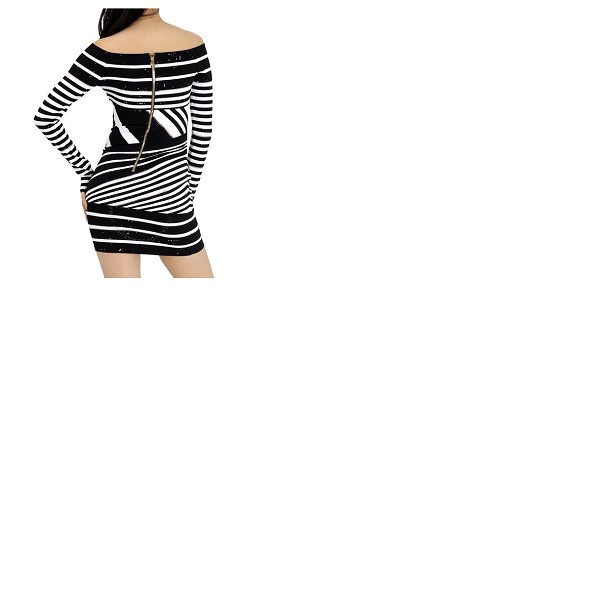 발망 발망 Balmain Ladies Black/White Off-Shoulder Jacquard-Stripe Mini Dress XF0R8399KC04-EAB