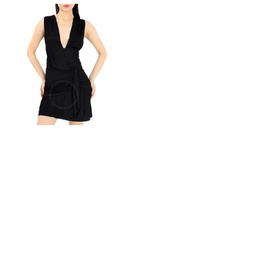 발망 Balmain Ladies Black Ruched Asymmetrical Dress WF1R5180J191-0PA