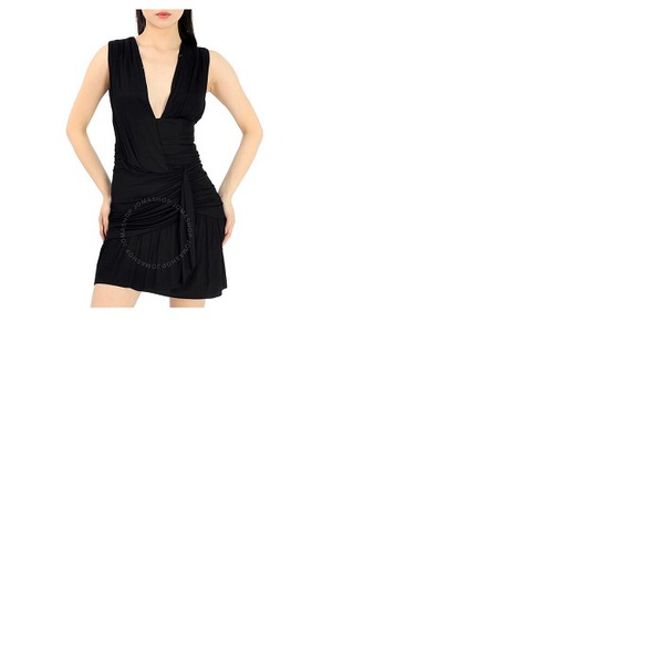 발망 발망 Balmain Ladies Black Ruched Asymmetrical Dress WF1R5180J191-0PA