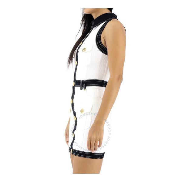 발망 발망 Balmain Ladies Monogram Bicolor Denim Utility Mini Dress - White/Black XF1R5420DB57-GAB