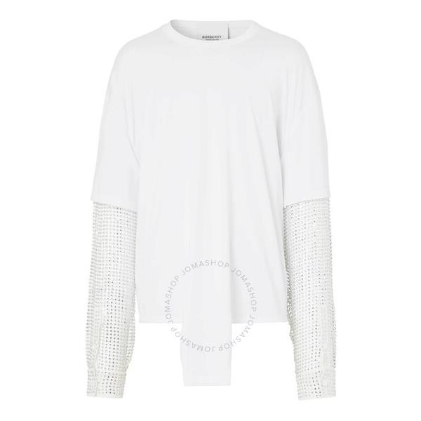 버버리 버버리 Burberry Optic White Cotton Cut-Out Hem Crystal Sleeve Oversized T-Shirt 4563750