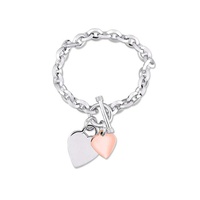 A모우 MOUR Oval Link Bracelet with Double Heart Charm and Toggle Clasp In 2-Tone Rose and White Sterling Silver JMS004854