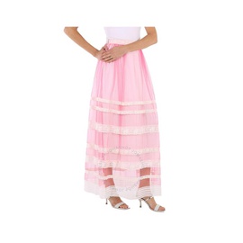 버버리 Burberry Ladies Bright Pink Floral Lace-trim Tulle Maxi Skirt 4547234