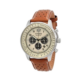 Citizen Eco-Drive Chronograph Beige Dial Brown Leather Mens Watch CA4500-16X