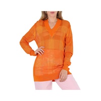 버버리 Burberry Ladies Deep Orange Zoie Check Mesh Lace V-Neck Jumper 8041344