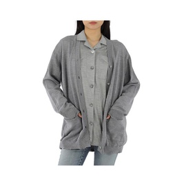 버버리 Burberry Ladies Cloud Grey Wool Cardigan Detail Silk Jersey Shirt 4564532