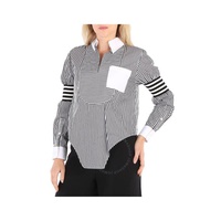 버버리 Burberry Ladies Black Stripe Cut-out Hem Striped Cotton Poplin Shirt 4564330