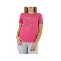 모스키노 Moschino Ladies Fantasy Print Fucsia Teddy Crystal Logo Cotton T-shirt 0707-0541-1206