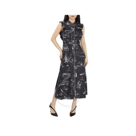 버버리 Burberry Ruffle Detail Landmark Print Silk Dress In Black 4073059