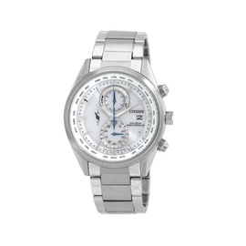 Citizen Eco-Drive Perpetual Alarm World Time Chronograph GMT White Dial Mens Watch AT8260-85A