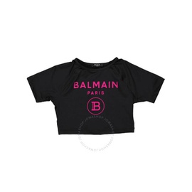 발망 Balmain Kids Logo Printed Cropped T-Shirt 6R8A21_Z0771_930FU