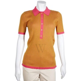 버버리 Burberry Ladies Knit Tops Solid Ochre Colorblock Ribbed Polo Shirt 8001483