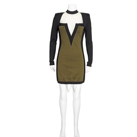 발망 Balmain Ladies Khaki/Black Long-Sleeve Mesh Panel Two-Tone Midi Bandage Dress, Brand Size 42 (US Size 8) 153625 K163-C5925
