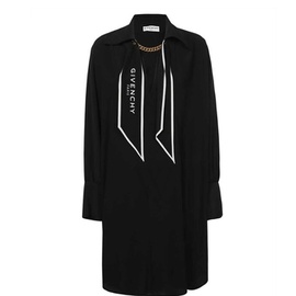 지방시 Givenchy Ladies Black Logo Scarf Collar Silk Shirt Dress BW213012EH.00