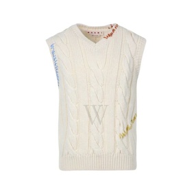 마르니 Marni MEN'S Natural White V-Neck Cable Knit Sweater, Brand Size 48 (US Size 38) CVMG0088Q0