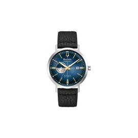 Bulova MEN'S Aerojet Chronograph Leather Blue Sunray Dial Watch 96B374