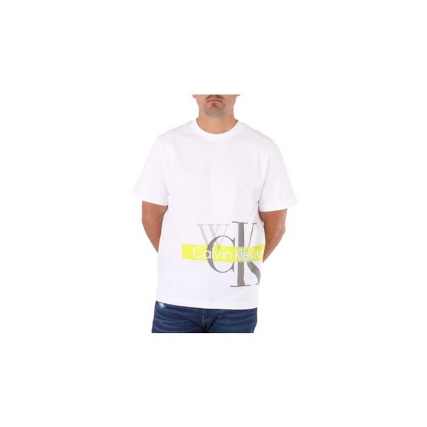 캘빈클라인 Calvin Klein MEN'S Bright White Overlapping Logo Print T-Shirt, Size Large J320557-YAF