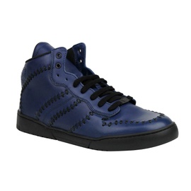 보테가 베네타 Bottega Veneta Mens Woven Detail Hi Top Navy Blue Stitched Leather Sneakers 451597 4263 (43.5 EU / 10.5 US) 5136279896196