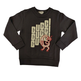 구찌 Gucci Boys Black Cotton Logo Print Dragon Patch Sweatshirt 10 XS 547560 6754463776900