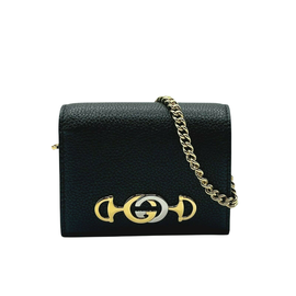 구찌 Gucci Zumi Womens Black Leather Gold Chain Bi-Fold Mini Wallet GG Logo 570660 1000 6727802323076