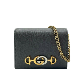 구찌 Gucci Zumi Womens Grey Leather Gold Chain Bi-Fold Mini Wallet GG Logo 570660 1275 6727775453316