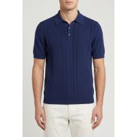 Brunello Cucinelli Dark Blue Textured Polo Sweater