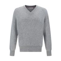 Brunello Cucinelli Light Grey Cashmere V-Neck Sweater
