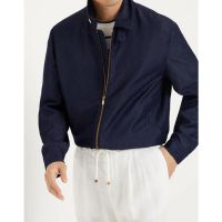 Brunello Cucinelli Navy Wool Linen Zip Jacket