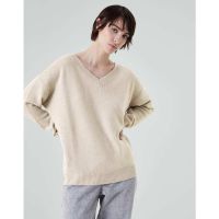 Brunello Cucinelli Womens Light Brown Wool Silk V Neck Sweater_Tan
