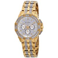 Bulova Crystal Silver Dial Yellow Gold-tone Mens Watch