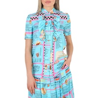 Moschino All-Over Diner Menu Print Short Sleeve Silk Blouse