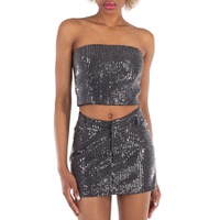 Rotate Ladies Black Sequin-Embellished Strapless Crop Top
