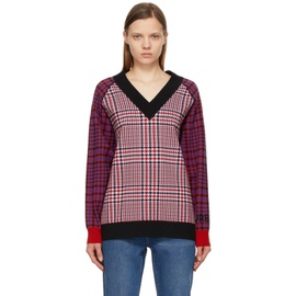 버버리 Burberry Red & Black Wool Houndstooth Check V-Neck Sweater 211376F100014