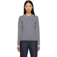 COMME des GARCONS PLAY Navy & White Striped Small Heart Patch Long Sleeve T-Shirt 221246F110005