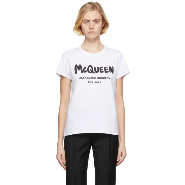 알렉산더 맥퀸 알렉산더맥퀸 Alexander McQueen White Graffiti T-Shirt 221259F110005