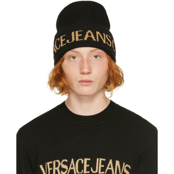 베르사체 베르사체 진 꾸뛰르 베르사체 Versace Jeans Couture Black & Gold Logo Beanie 222202M138001
