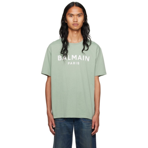 발망 발망 Balmain Green Printed T-Shirt 231251M213059